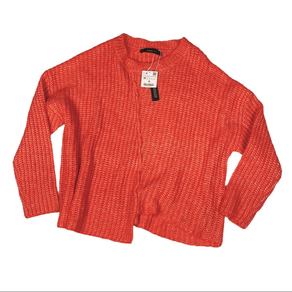 Zara Orange Chunky Knit Crew Neck Sweater Medium